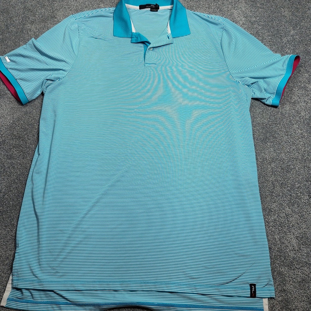RLX Ralph Lauren Polo Mens L Blue Striped Golf Shirt Performance Athletic Casual